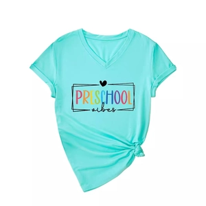 Mint green V-neck T-shirt with Preschool Vibes print and stylish front knot detail