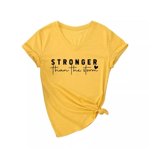 Yellow V-neck t-shirt with STRONGER than the storm print and stylish front knot detail