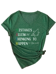 Detail of V-neck dark green T-shirt with MATH slogan print and stylish front knot