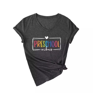 Women's V-neck t-shirt in dark grey heather with Preschool Vibes print and front knot detail