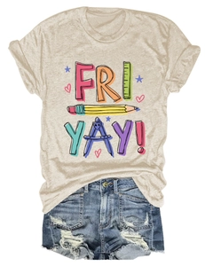 Flat lay of beige Fri-Yay cotton T-shirt with school prints and distressed denim shorts