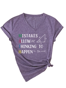 Detail of purple V-neck T-shirt with MISTAKES ALLOW THINKING TO HAPPEN math print