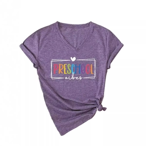 Women's V-neck purple heather T-shirt featuring Preschool Vibes print and side knot design