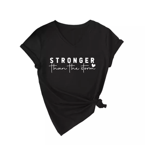 Minimalist V-neck T-shirt in black with stronger than the storm print and side knot detail