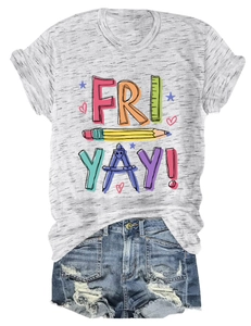 Flat lay of gray Fri-Yay school-themed T-shirt and distressed denim shorts summer set