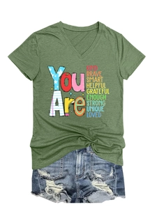 Detail of army green V-neck T-shirt with You Are Kind Brave Smart inspirational text
