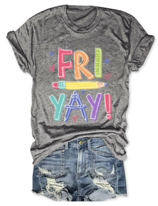Flat lay of gray T-shirt with Fri Yay pencil print and distressed denim shorts