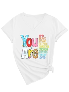 Detail of white V-neck T-shirt with inspirational text and decorative knot design