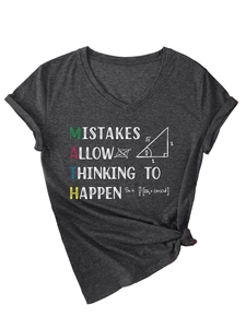 Detail of V-neck dark gray t-shirt with MATH and geometric math formula print