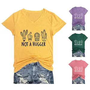 Women V Neck T-Shirt Cotton Blend Short Sleeve Cactus Succulent Print Not A Hugger Slogan Casual Summer Graphic Tee
