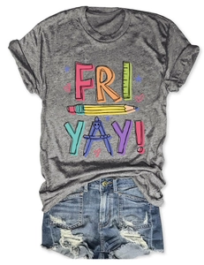 Detail of grey Fri-Yay T-shirt with pencil prints and distressed denim shorts