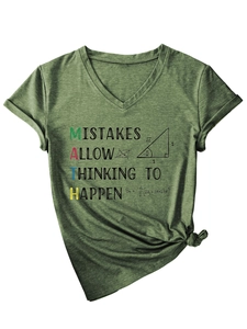 Detail of V-neck heather green T-shirt featuring math-themed graphic and slogan print