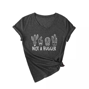 Deep grey V-neck T-shirt with 'NOT A HUGGER' text and potted cactus graphic print