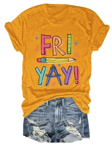 Flat lay of an orange Fri-Yay pencil print T-shirt and distressed denim shorts