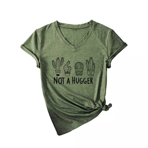 Army green V-neck T-shirt with cactus print, Not a Hugger slogan and side-tie knot