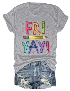 Flat lay of gray T-shirt with pencil print and distressed blue denim shorts set