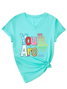 Detail of the V-neck cotton T-shirt with You Are Kind Brave Smart colorful lettering
