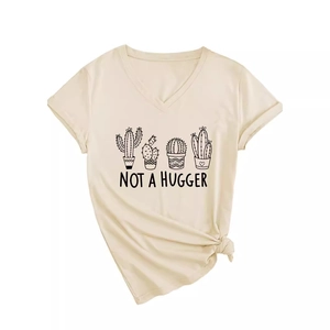 Beige V-neck T-shirt with 'Not a Hugger' cactus print and stylish side-knot detail