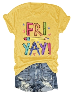 Flat lay of yellow Fri Yay graphic tee paired with distressed blue denim shorts