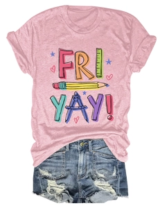 Flat lay of pink cotton t-shirt with ruler pencil print and distressed denim shorts