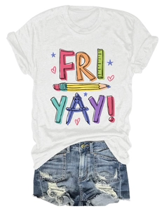Detail of white cotton T-shirt featuring colorful stationery print and FRI-YAY slogan