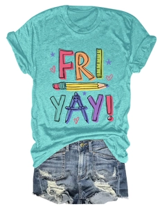 Close-up of teal t-shirt with pencil ruler print and distressed denim shorts flat lay