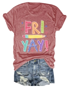 Close-up of rust-red T-shirt with 'FRI YAY!' pencil and ruler print paired with denim shorts