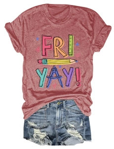 Detail of red short sleeve T-shirt with pencil print and blue denim shorts set