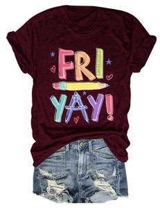 Flat lay of wine red FRI YAY pencil printed t-shirt with ripped denim shorts