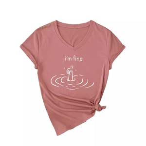 Rose pink V-neck T-shirt with I'm Fine graphic print and stylish knotted hem detail