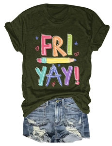 Flat lay of green t-shirt with pencil print and distressed denim shorts outfit