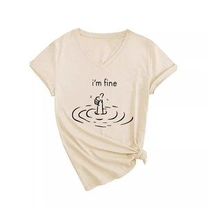 Women's V-neck beige T-shirt featuring minimalist I'm Fine hand gesture graphic print