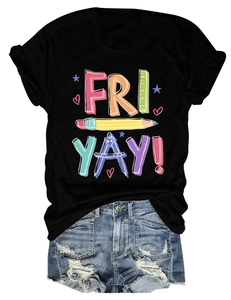 Detail view of Fri Yay school supplies print on a black cotton t-shirt with denim shorts