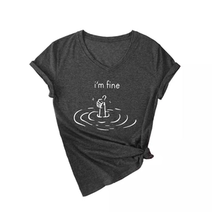 Women's V-neck heather grey T-shirt with 'i'm fine' graphic and stylish front knot