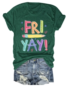 Detail of FRI YAY! text and school stationery print on a dark green cotton T-shirt