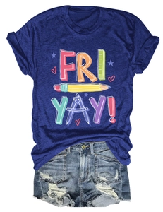 Detail of navy cotton T-shirt featuring school stationery and Fri-yay print art