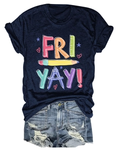 Flat lay of navy crew neck T-shirt with pencil prints and distressed denim shorts