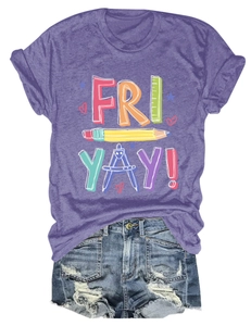 Detail of purple graphic tee with school stationery print paired with ripped denim shorts