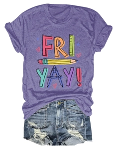 Detail of purple cotton T-shirt featuring school stationery and FRI YAY pencil print