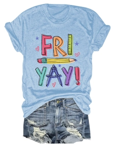 Flat lay of light blue T-shirt with Fri Yay ruler pencil print and ripped denim shorts