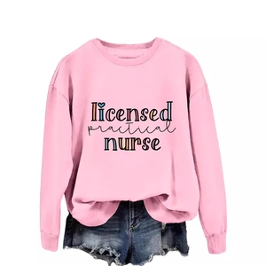 Pink Licensed Practical Nurse sweatshirt and denim shorts set on a plain white background