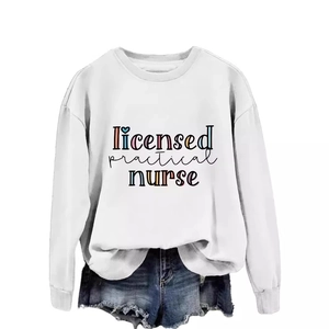 White licensed practical nurse sweatshirt with blue heart and casual denim shorts