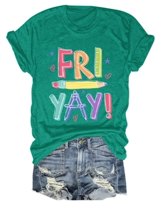 Close-up of green Fri Yay t-shirt with stationery print paired with denim shorts