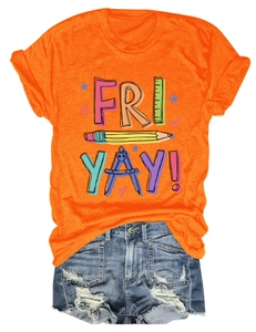 Flat lay of an orange t-shirt with Fri Yay ruler print and ripped denim shorts