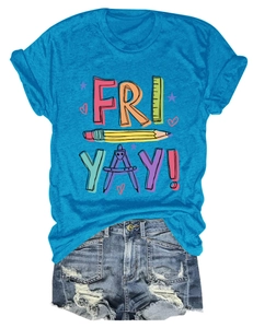 Detailed view of Fri-Yay text with colorful pencil and ruler print on a blue cotton T-shirt