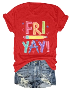 Close-up of red crew neck T-shirt with FRI YAY print and school stationary illustrations
