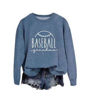 Blue crewneck long sleeve sweatshirt with white BASEBALL grandma print and ribbed texture
