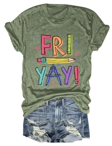 Flat lay of olive green t-shirt with Fri-Yay print and distressed blue denim shorts