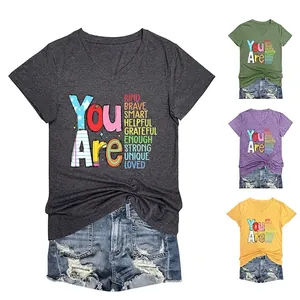 Women V-Neck T-Shirt Cotton Blend Short Sleeve Inspirational Letter Print You Are Kind Brave Smart Casual Summer Top