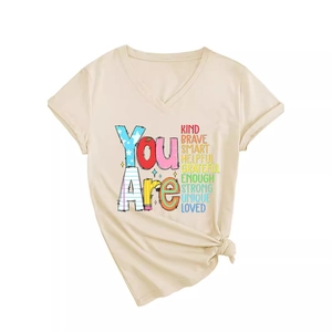 Women's V-neck beige T-shirt with 'You Are Kind Brave Smart' text and front knot detail